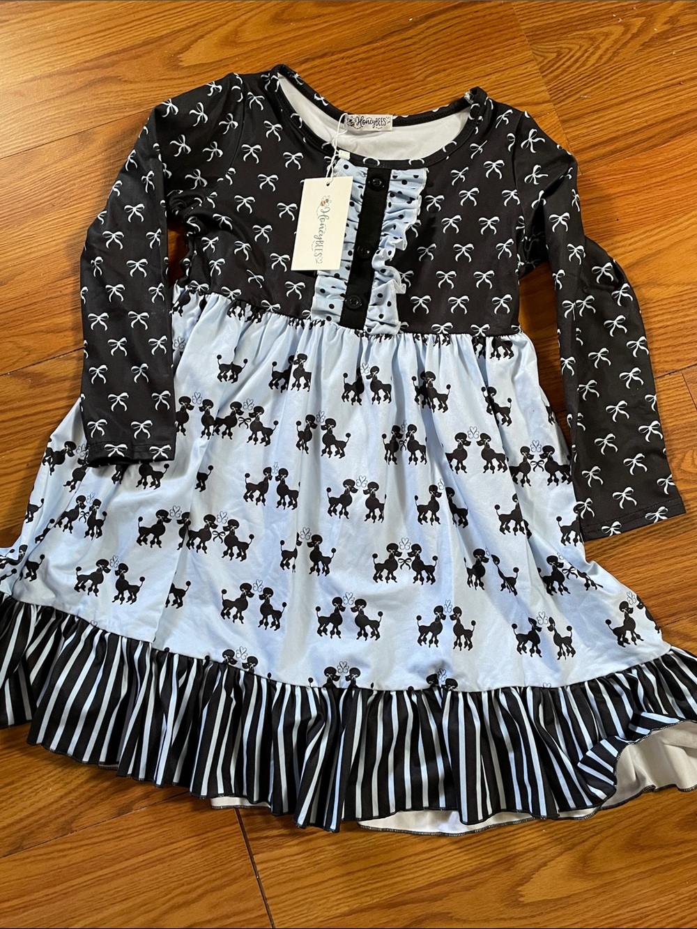Nwt Honeybees Girls Black & Light Blue Poodle Print Long Sleeve Dress size 7/8